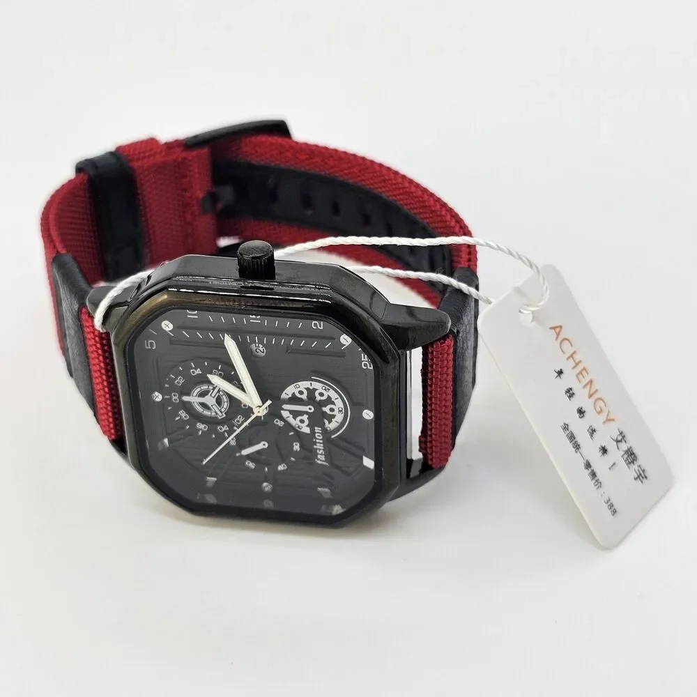 Men's Minimalist Watch 42MM Black Dial Date Indicator Black Red Canvas Bands‎